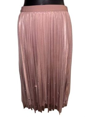 Amber Sky Blush pink Pleated Mesh Midi Skirt with Pearl Accents size M